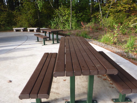 Accessible picnic benches on pavement near the parking lot